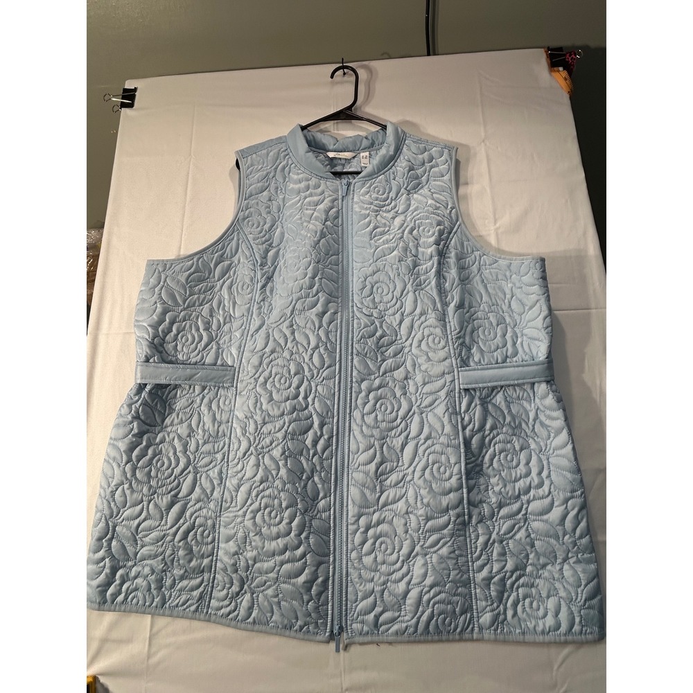 Alfred Dunner Womens Light Blue Floral Quilted Zip Front Vest Mock Neck Size 3X